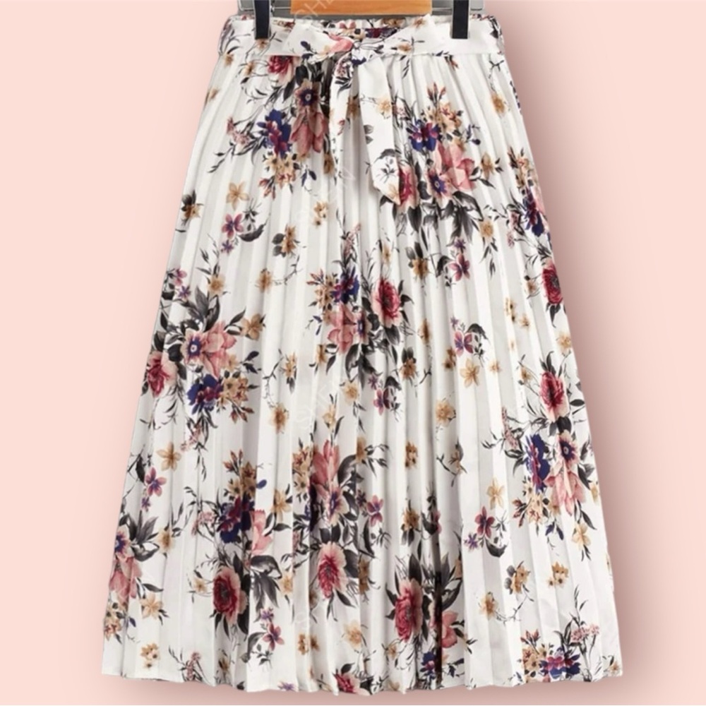 Spring Floral Stretch Waist Midi Pleated Skirt ❤️